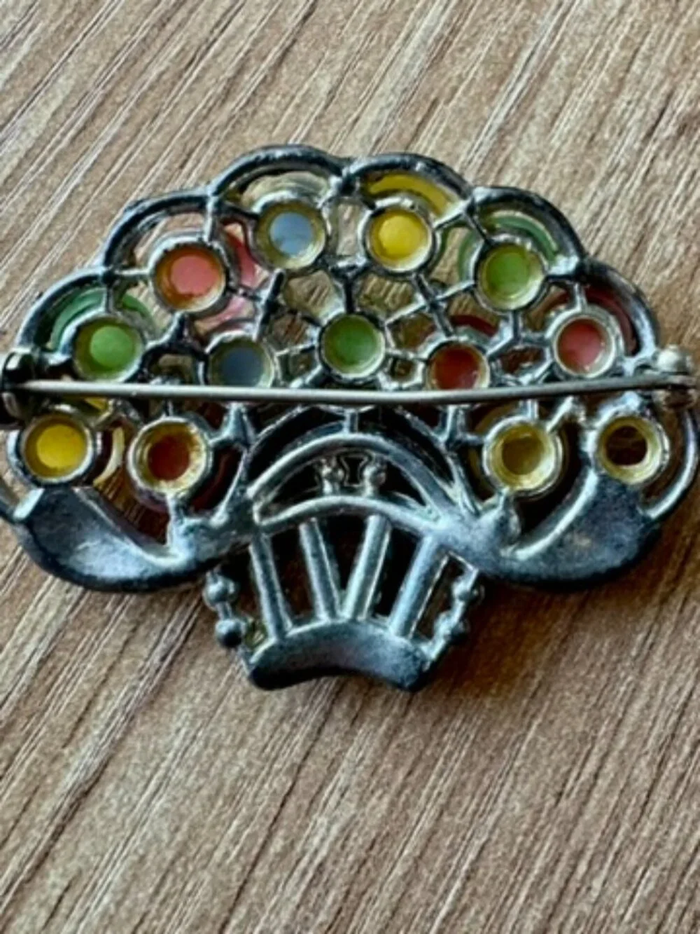 Vintage Pastel Moonglow Flower Basket Brooch - As-Is - For Repair or Upcycle